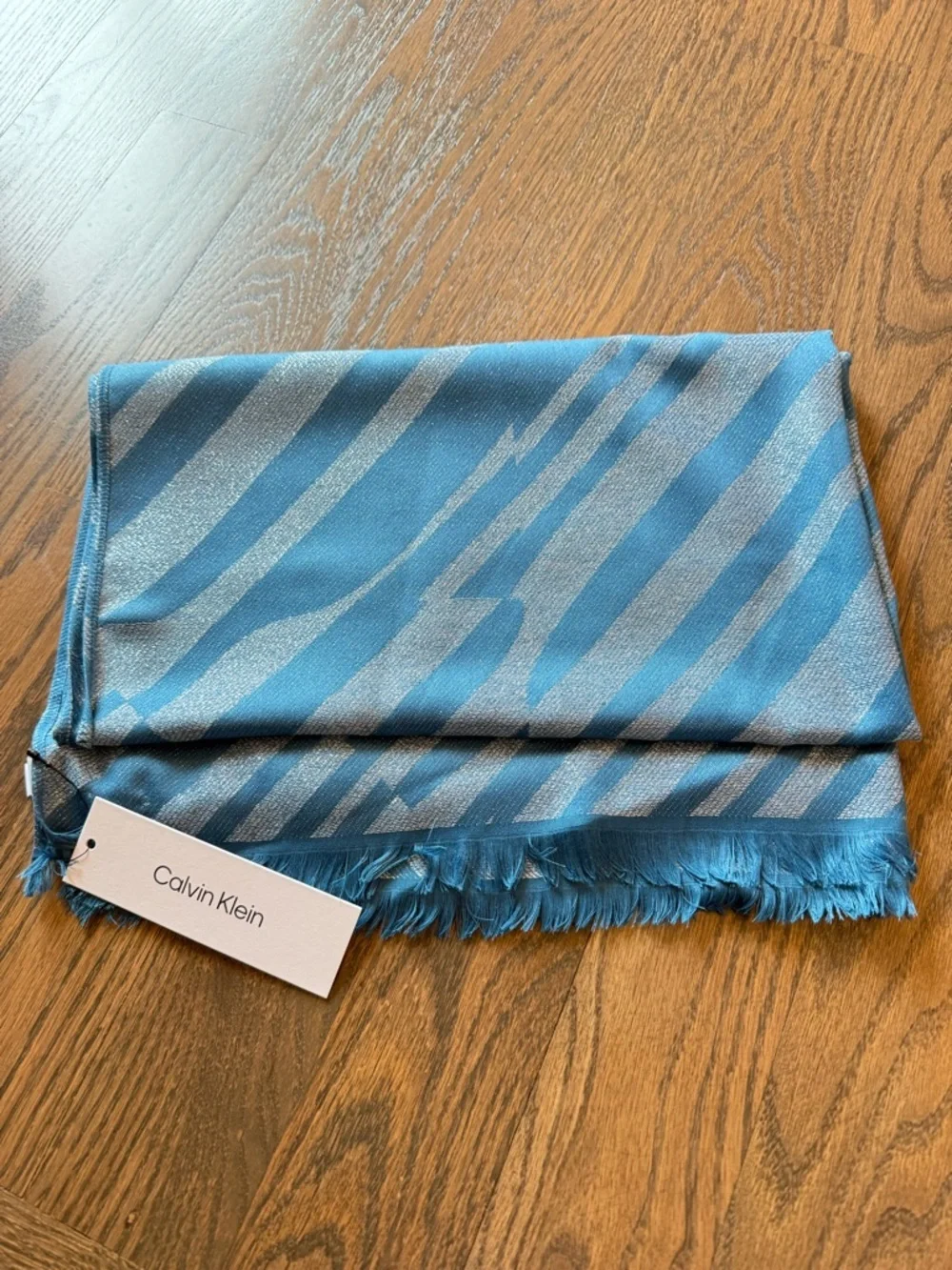 Calvin Klein Teal and Silver geometric Zebra-Stripe Wrap Scarf